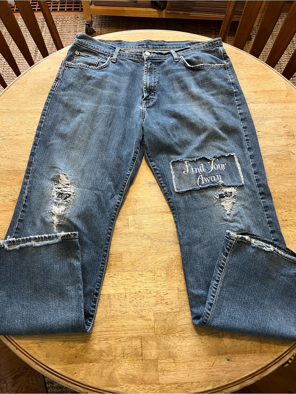Lucky Brand Dungarees Distressed Blue Jeans Upcycled with Patches